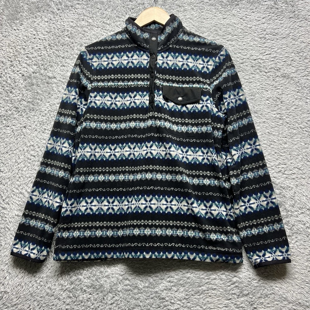 Eddie Bauer Sweater Womens L Black Blue Fiar Isle Fleece Snap Placket‎ Mock Neck